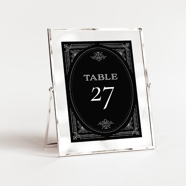 Modern Deco | Elegant Onyx Black and White Wedding Table Number (An elegant, art deco style wedding table number in dark onyx black and white)