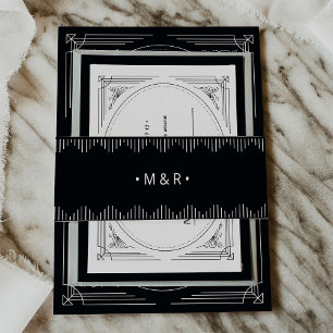 Modern Deco Elegant Onyx Black with Monograms Invitation Belly Band