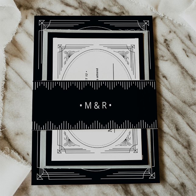 Modern Deco | Elegant Onyx Black with Monograms Invitation Belly Band (Creator Uploaded)