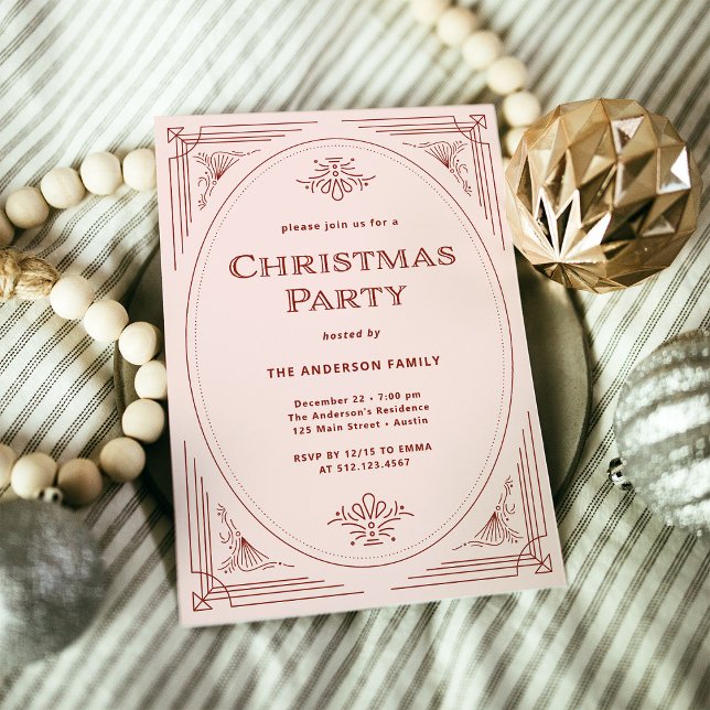 Modern Deco | Elegant Pink and Red Christmas Party Invitation (An elegant, blush pink and red art deco style Christmas party invitation)
