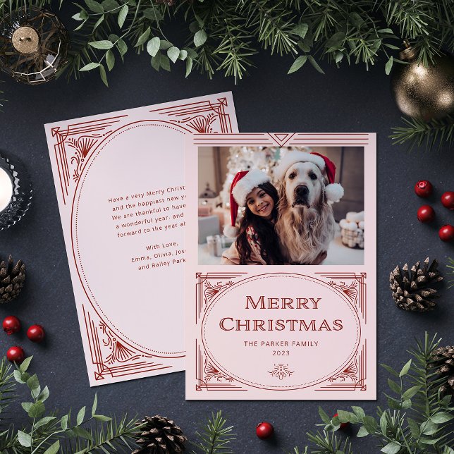 Modern Deco | Elegant Pink and Red with Photo Holiday Card (An elegant, art deco style Christmas card in red and pink)