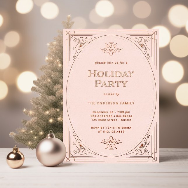 Modern Deco | Elegant Pink Holiday Party Rose Gold (An elegant, art deco style holiday party invitation in shimmering rose gold foil on blush pink)