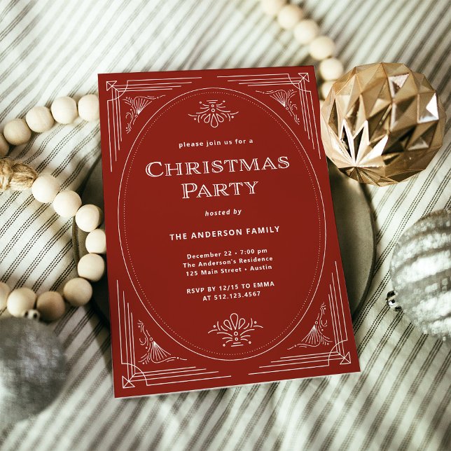 Modern Deco | Elegant Red Christmas Party Invitation (An elegant red art deco Christmas party invitation)