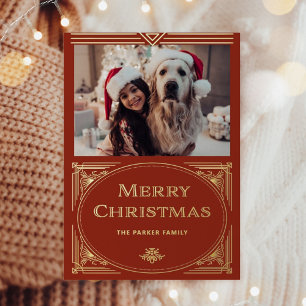 Modern Deco   Elegant Red with Photo Gold Foil Holiday Card