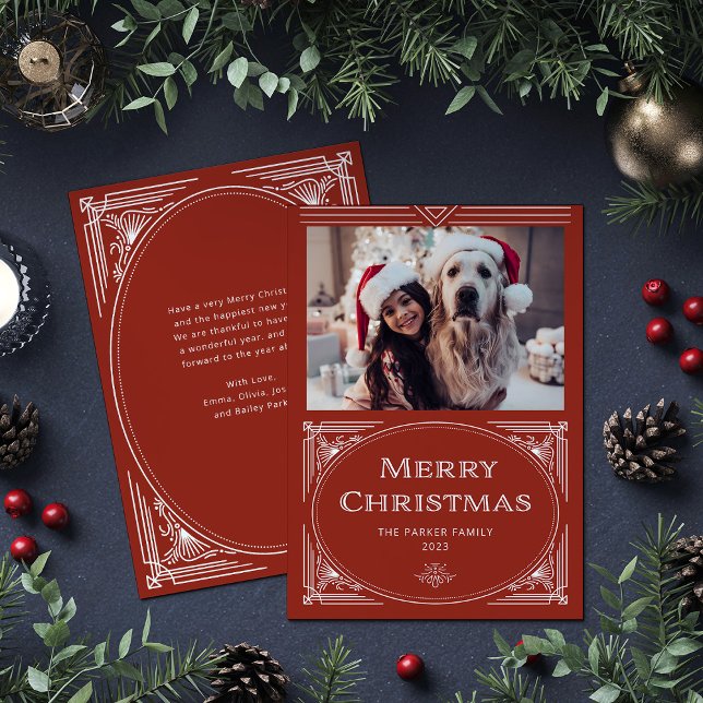 Modern Deco | Elegant Red with Photo Holiday Card (An elegant, art deco style red Christmas card)