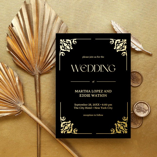 Modern Deco | Elegant Wedding Black and Gold (Modern deco black and gold foil invitation sets a sleek, luxe tone for your modern wedding.)