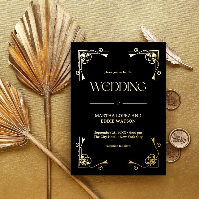 Modern Deco | Elegant Wedding Black and Gold (Modern deco black and gold foil invitation adds elegant luxury to your personalized wedding.)