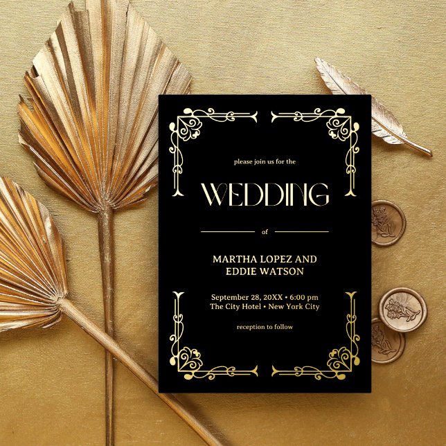 Modern Deco | Elegant Wedding Black and Gold (Modern deco black and gold foil invitation adds luxe elegance to your modern wedding.)