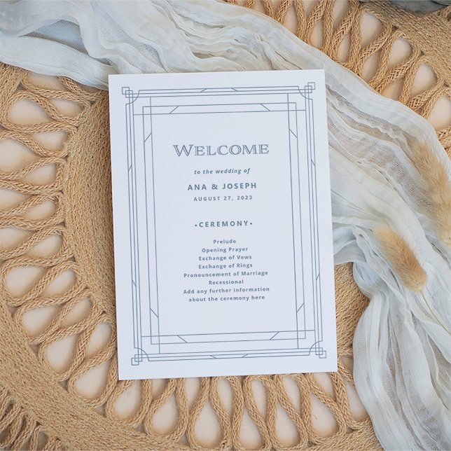 Modern Deco | Elegant White and Dusty Blue Wedding Programme (An elegant art deco style wedding program, in dusty blue on a white background)