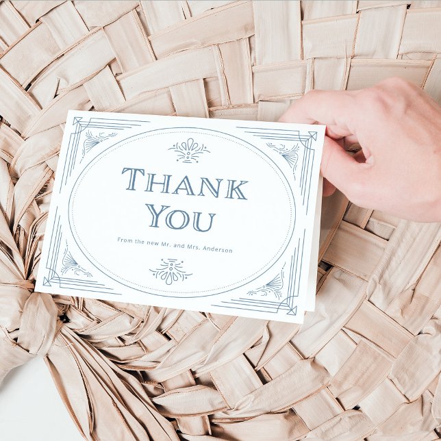 Modern Deco | Elegant White and Dusty Blue Wedding Thank You Card (Creator Uploaded)
