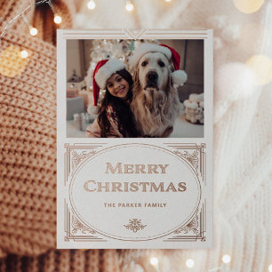 Modern Deco   Elegant White with Photo Rose Gold Foil Holiday Card
