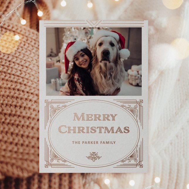 Modern Deco | Elegant White with Photo Rose Gold Foil Holiday Card (An elegant Christmas card with shimmering rose gold foil on a simple white background, with a photo)