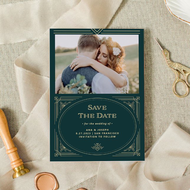 Modern Deco | Emerald Green and Champagne Photo Save The Date (An elegant, art deco style wedding photo save the date card, in emerald green and champagne)