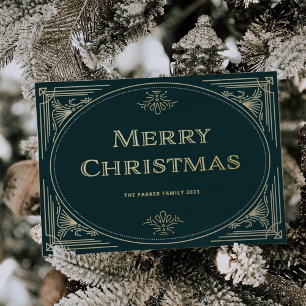 Modern Deco   Emerald Green and Photo Christmas Foil Holiday Card