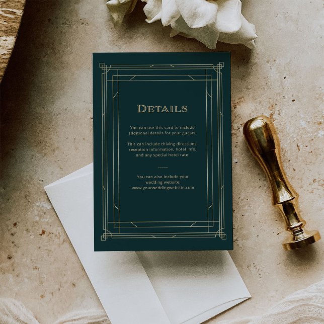 Modern Deco | Emerald Green Wedding Guest Details Enclosure Card (An elegant, art deco style detail card for all your wedding information, in rich emerald green.)