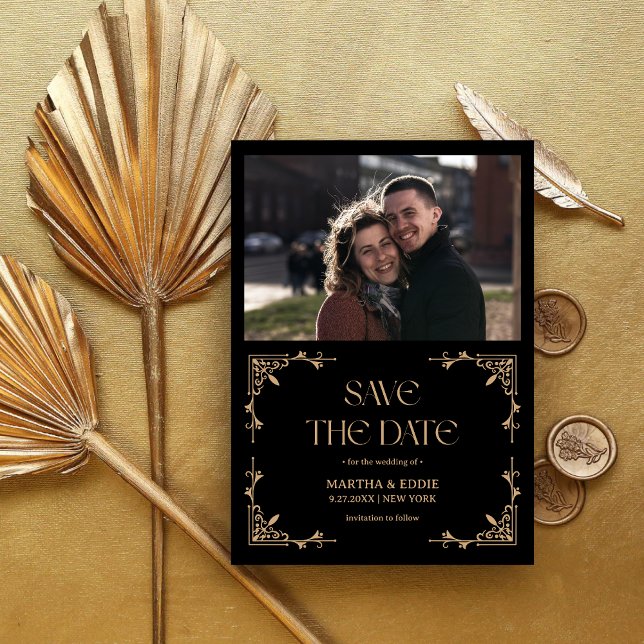 Modern Deco | Faux Gold and Black Photo Wedding Save The Date (Creator Uploaded)