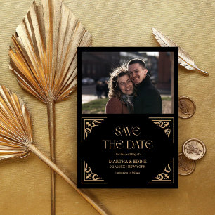 Modern Deco   Faux Gold and Black Photo Wedding Save The Date