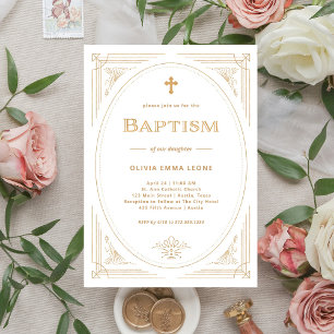 Modern Deco   Faux Gold and White Baptism Invitation
