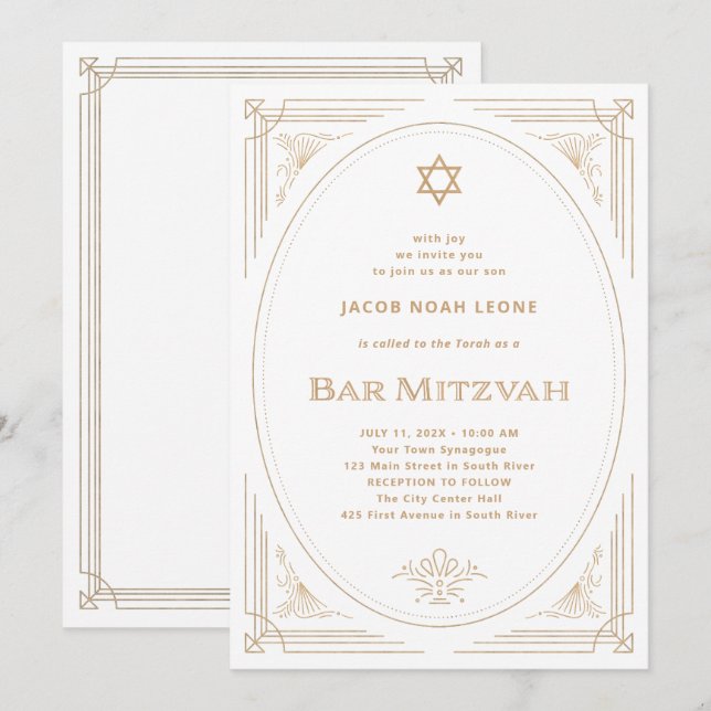Modern Deco | Faux Gold and White Bar Mitzvah Invitation (Front/Back)