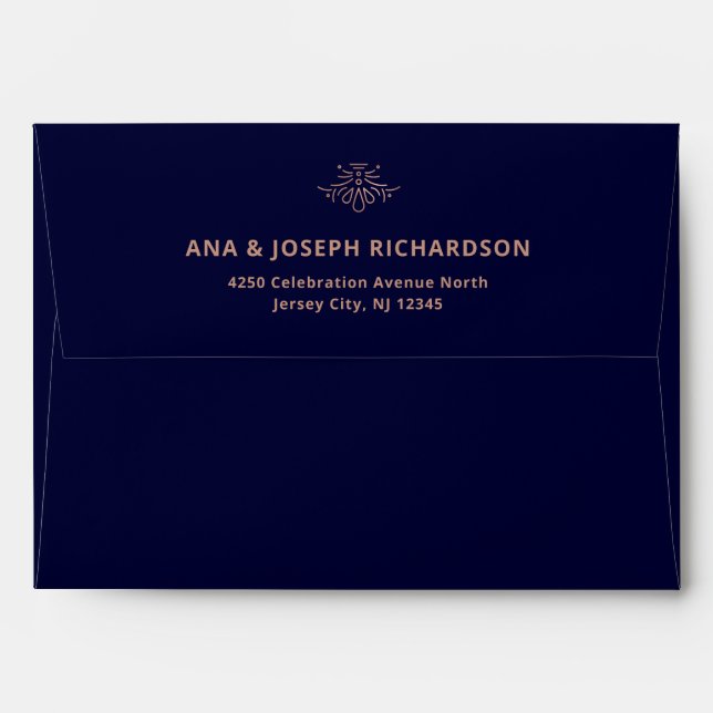 Modern Deco | Faux Rose Gold and Dark Blue Wedding Envelope (Back (Top Flap))
