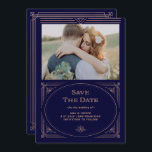 Modern Deco | Faux Rose Gold and Navy Blue Photo Save The Date<br><div class="desc">These glamourous wedding save the date cards feature a modern spin on classic art deco. An ornate,  faux rose gold look geometric frame and ornamentation decorate an elegant dark navy blue background with your favourite personal photo for a dramatic,  vintage wedding look.</div>