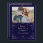 Modern Deco | Faux Rose Gold and Navy Blue Photo Save The Date<br><div class="desc">These glamourous wedding save the date cards feature a modern spin on classic art deco. An ornate,  faux rose gold look geometric frame and ornamentation decorate an elegant dark navy blue background with your favourite personal photo for a dramatic,  vintage wedding look.</div>