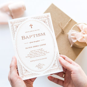 Modern Deco   Faux Rose Gold and White Baptism Invitation