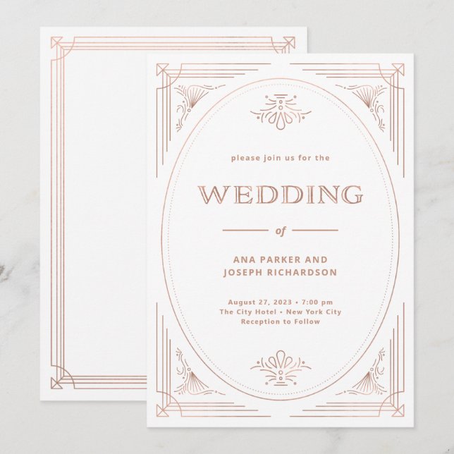 Modern Deco | Faux Rose Gold and White Wedding Invitation (Front/Back)