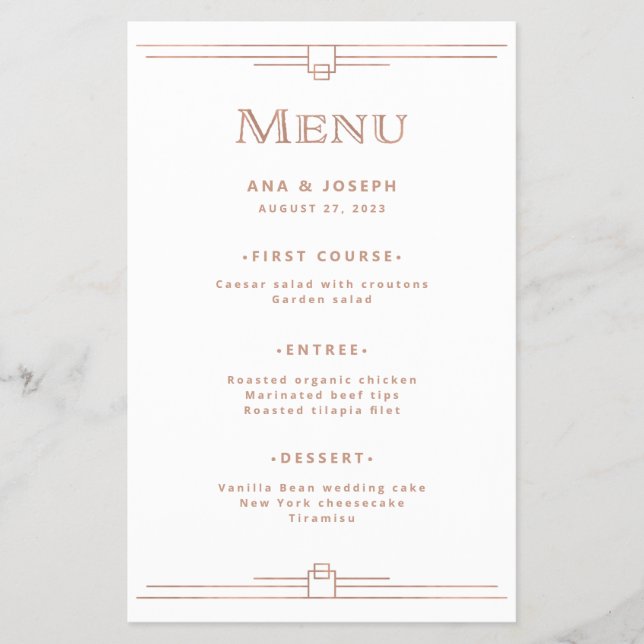 Modern Deco | Faux Rose Gold on White Wedding Menu (Front)
