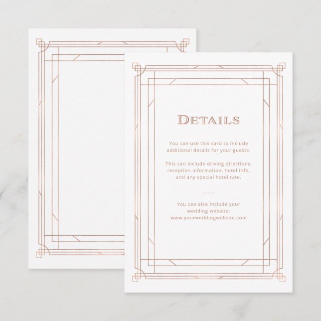 Modern Deco | Faux Rose Gold Wedding Guest Details Enclosure Card (Front/Back)
