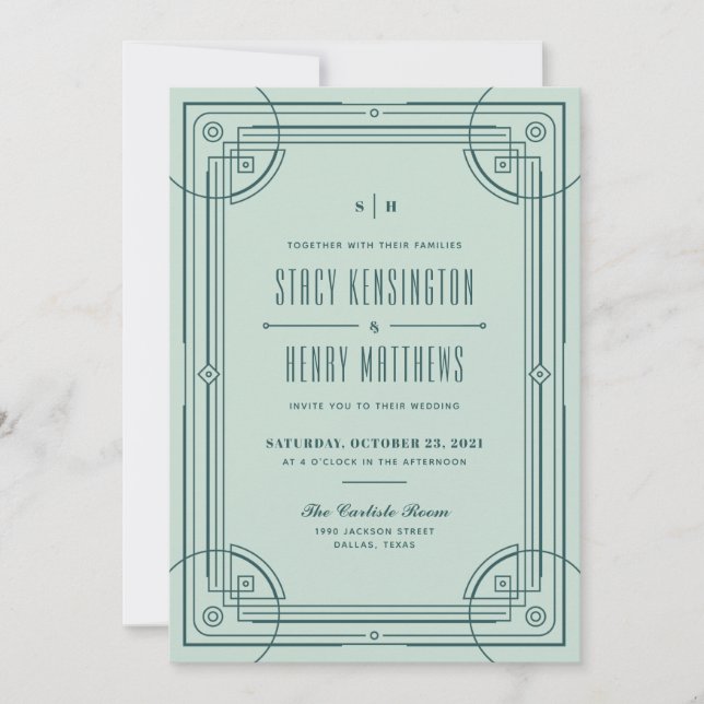 Modern Deco Frame Wedding Invitation - Green (Front)
