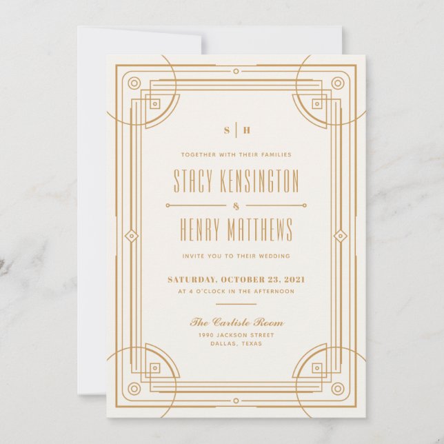 Modern Deco Frame Wedding Invitation - Tan (Front)