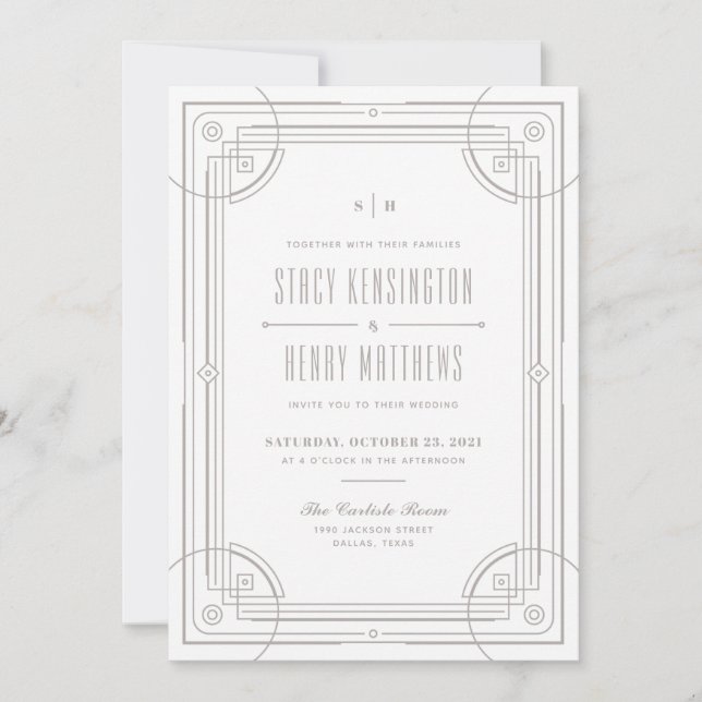 Modern Deco Frame Wedding Invitation - White (Front)