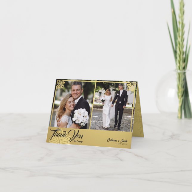 Modern Deco Gold Peacock 2 Photo Wedding Folded  Thank You Card (Front)