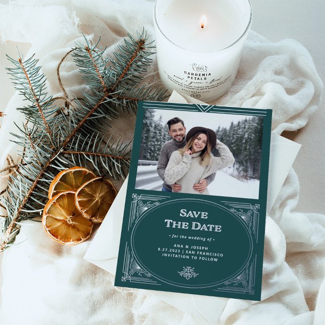 Modern Deco | Green Holiday Photo Save the Date (An elegant, shimmering silver foil and green holiday wedding save the date in art deco style)