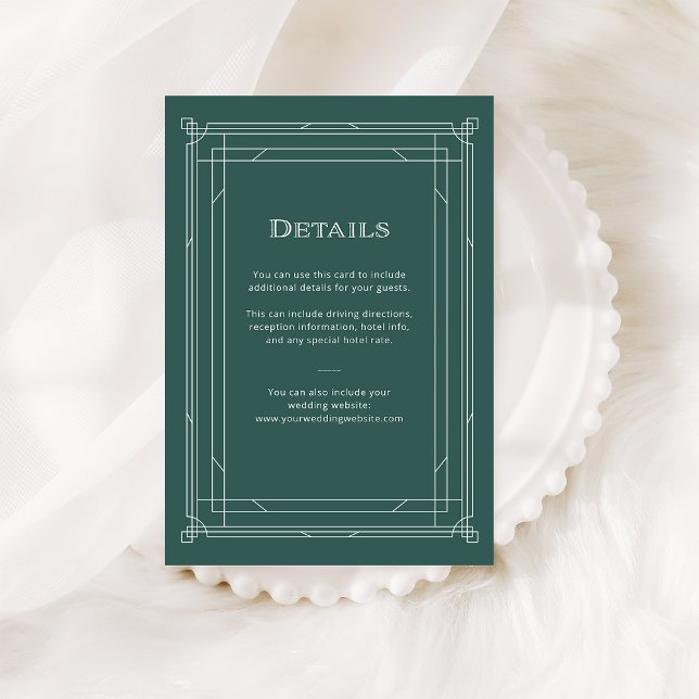 Modern Deco | Holiday Green Wedding Guest Details Enclosure Card (An elegant, green art deco style guest details card for your holiday wedding)