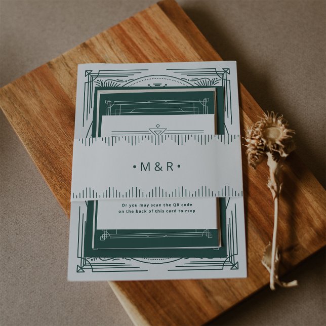Modern Deco Light Silver White and Green Monograms Invitation Belly Band (An elegant green and light silver white art deco style belly band for your holiday wedding)