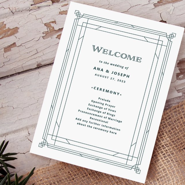 Modern Deco | Light Silver White and Green Wedding Programme (An elegant wedding welcome program for your holiday wedding)