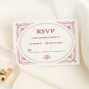 Modern Deco Light Silver White with Red Wedding RSVP Card