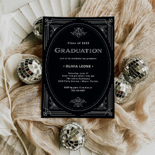 Modern Deco Onyx Black and White Graduation Invitation
