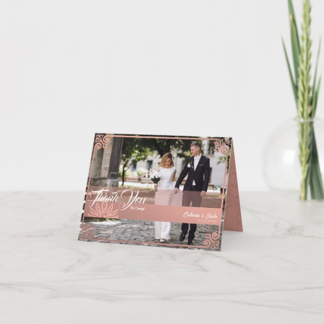 Modern Deco Pink Peacock Photo Wedding Folded Thank You Card (Front)