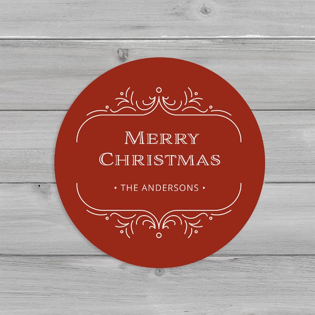 Modern Deco | Red and Blush Pink Merry Christmas Classic Round Sticker (An elegant, festive red and blush pink art deco style Christmas sticker)