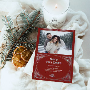 Modern Deco Red Holiday Photo Save the Date