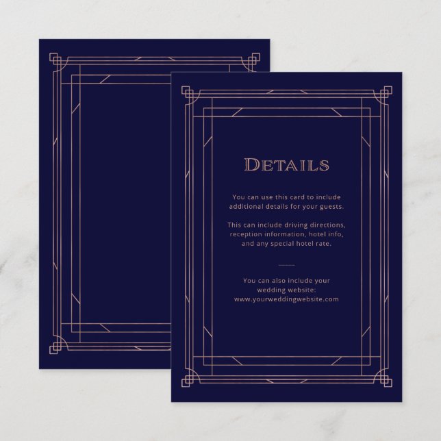 Modern Deco Rose Gold | Navy Wedding Guest Details Enclosure Card (Front/Back)