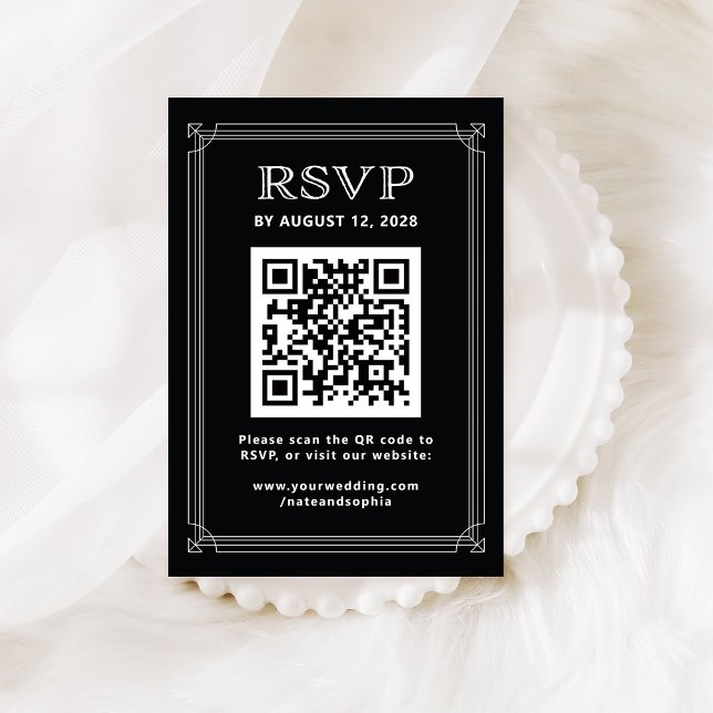Modern Deco RSVP with QR Code | Onyx Black Enclosure Card (Creator Uploaded)