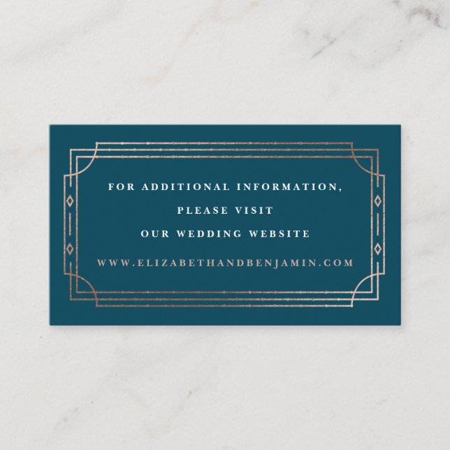 Modern Deco Teal Blue Rose Gold Wedding Website Enclosure Card (Front)