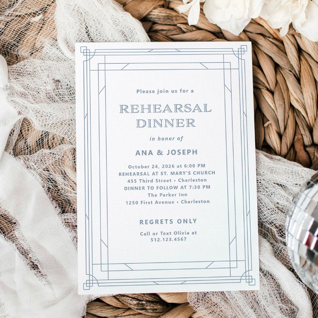 Modern Deco White and Dusty Blue Rehearsal Dinner Invitation (Creator Uploaded)