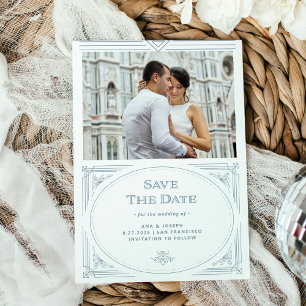 Modern Deco White and Dusty Blue with Photo Save The Date
