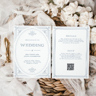 Modern Deco White Dusty Blue All in One Wedding Invitation
