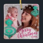 Modern Decorative Baubles Christmas Photo Ceramic Ornament<br><div class="desc">Elegant photo ornament with silver decorative baubles design. Custom with names on reverse.</div>